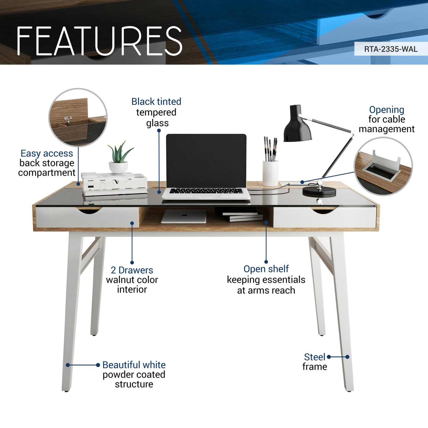 Compact Computer Desk with Multiple Storage, Walnut