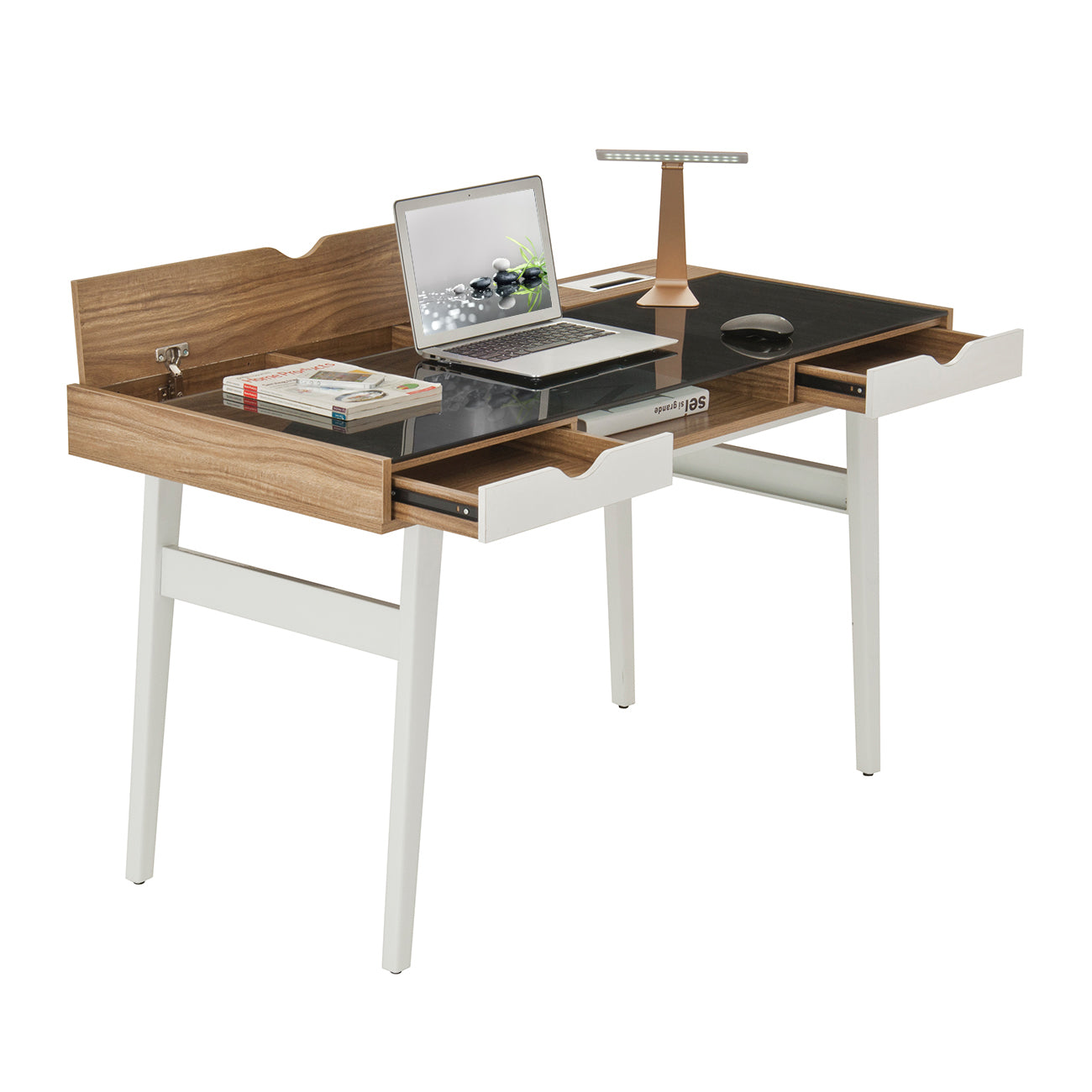 Compact Computer Desk with Multiple Storage, Walnut