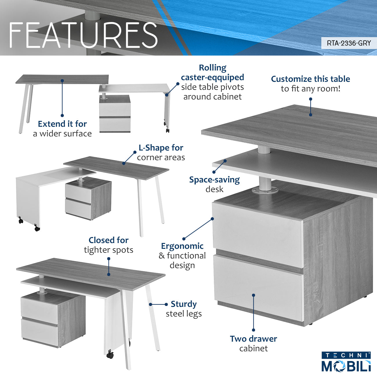 Rotating Multi-Positional Modern Desk, Gray