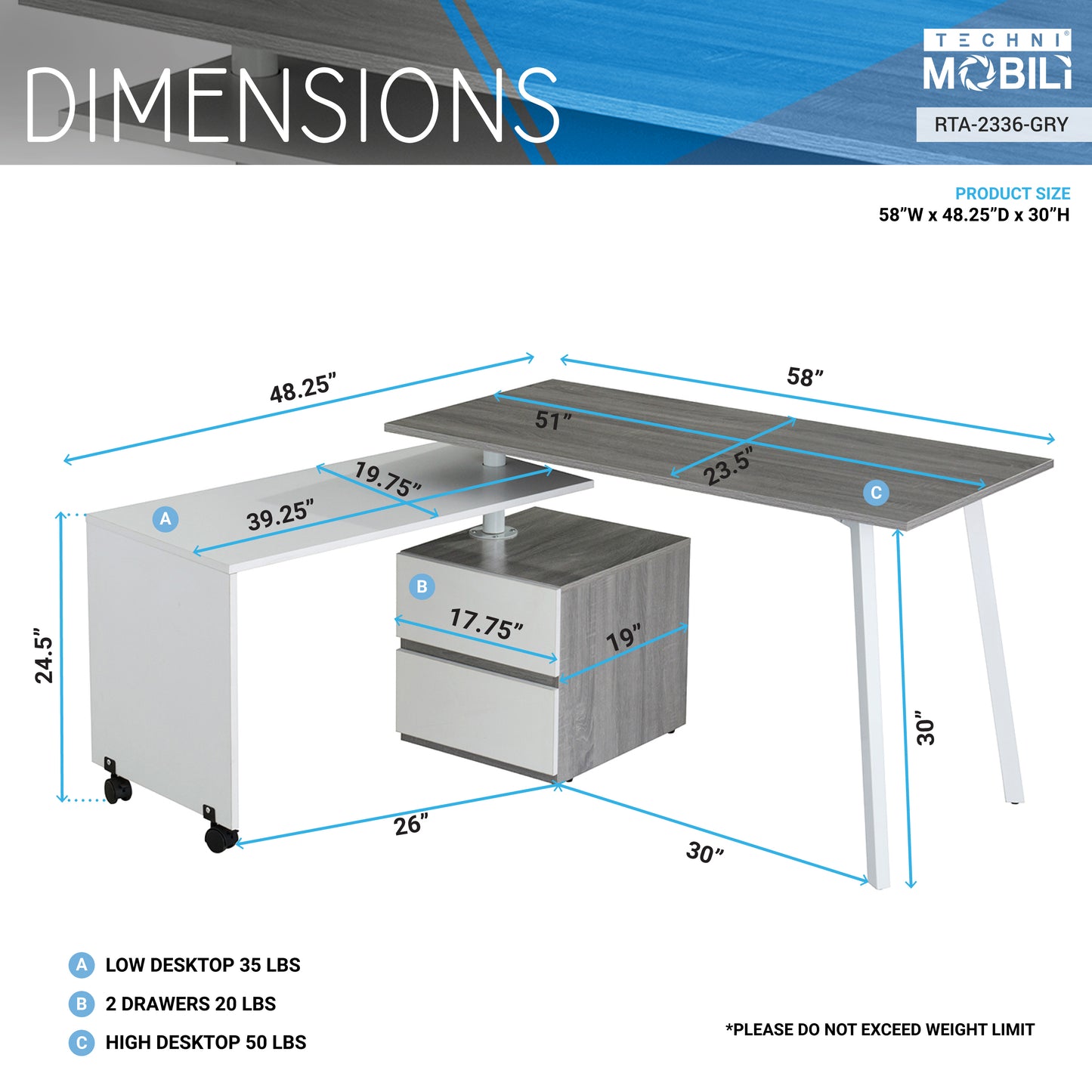 Rotating Multi-Positional Modern Desk, Gray