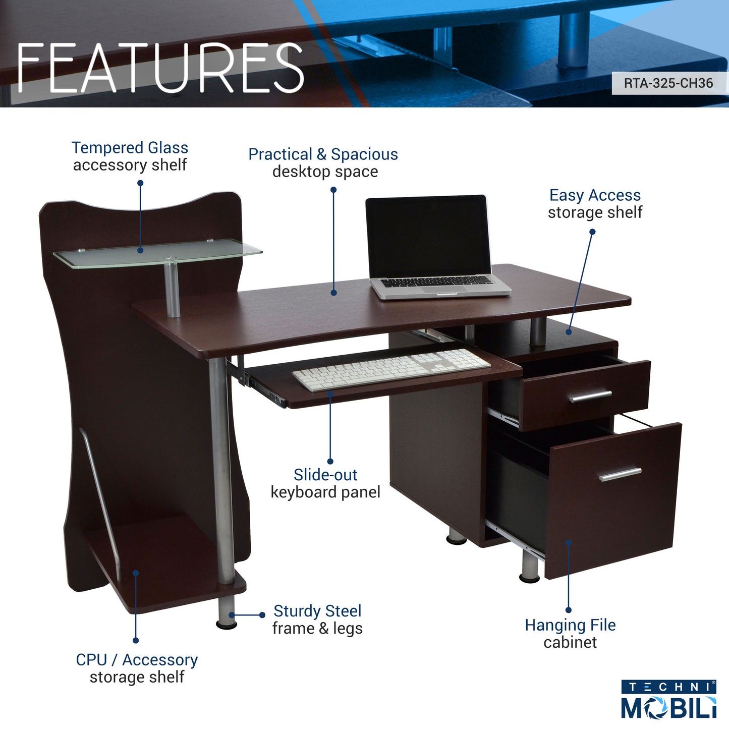 Stylish Computer Desk with Storage, Chocolate