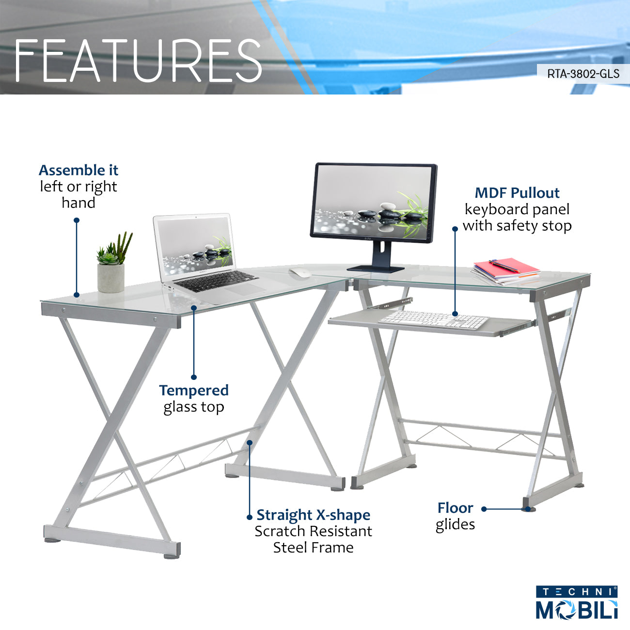 L-Shaped Tempered Glass Top Desk