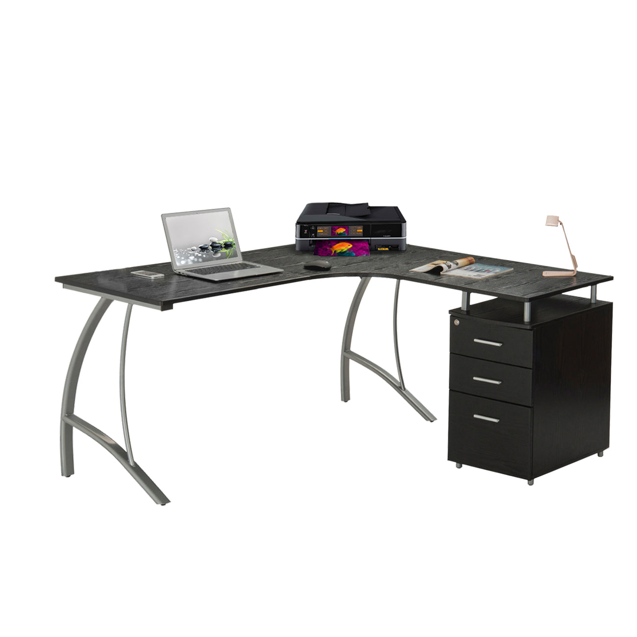 Modern L- Shaped Computer Desk with File Cabinet and Storage, Espresso