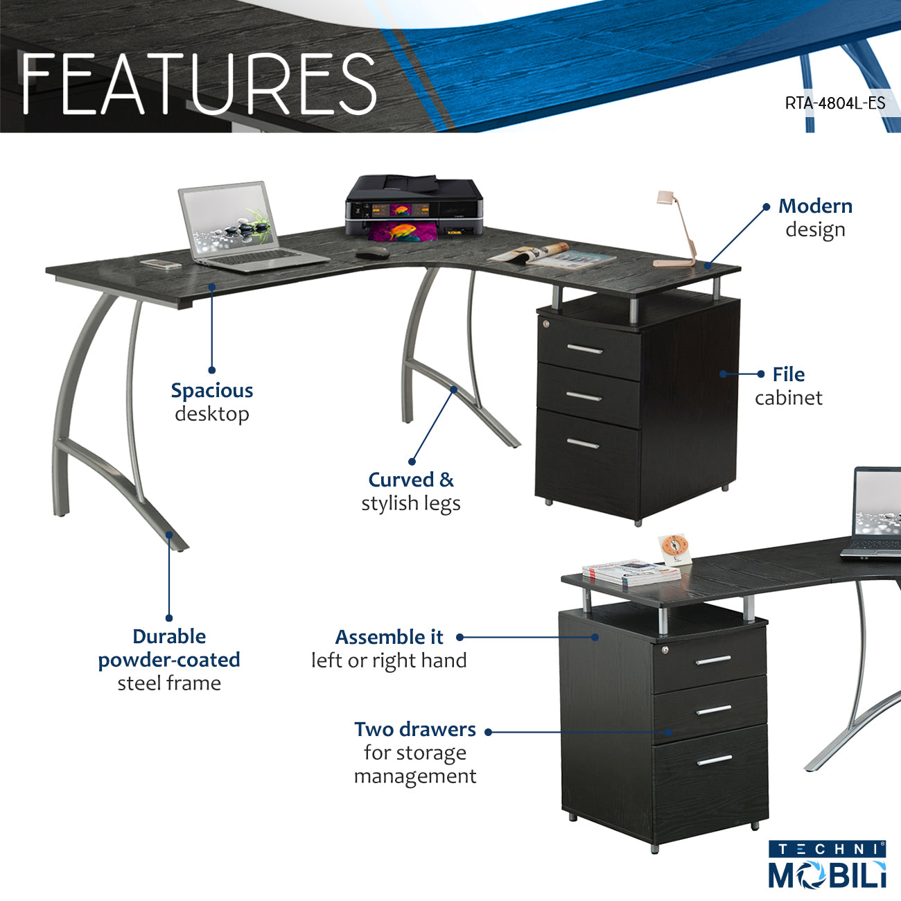 Modern L- Shaped Computer Desk with File Cabinet and Storage, Espresso