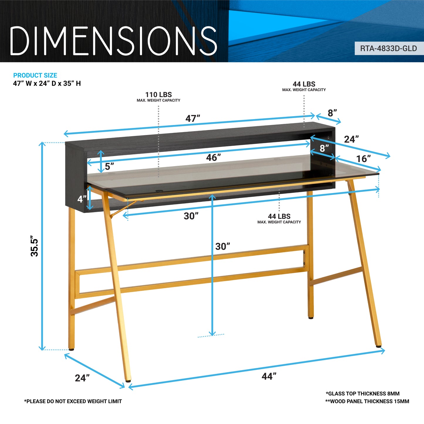 Home Office Writing Desk with riser, Gold