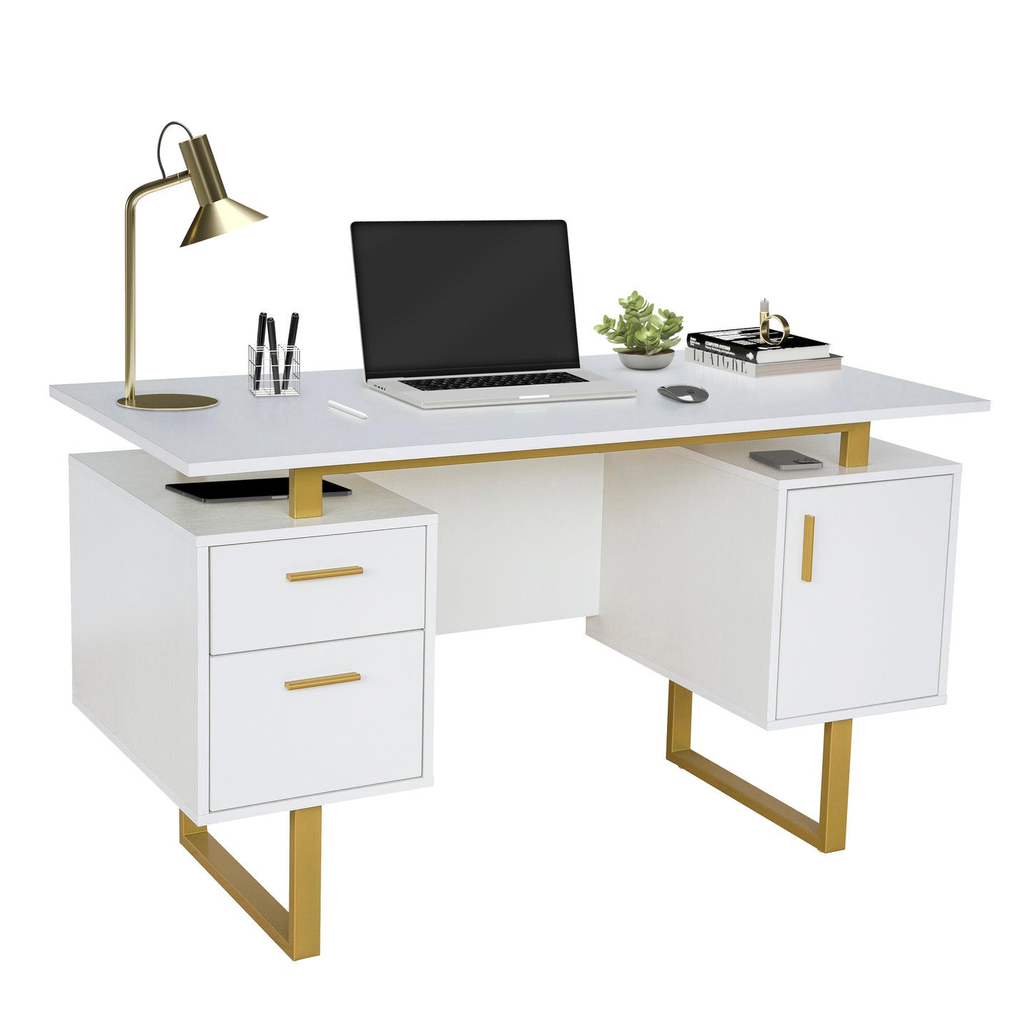 Modern Office Desk, White and Gold