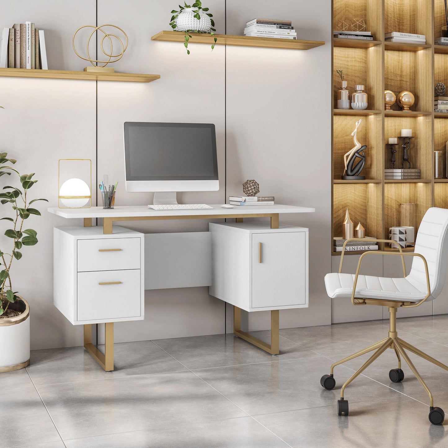 Modern Office Desk, White and Gold