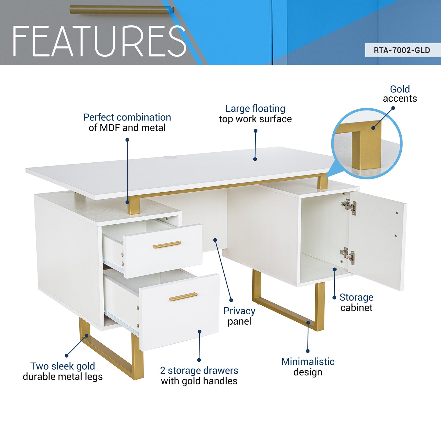Modern Office Desk, White and Gold