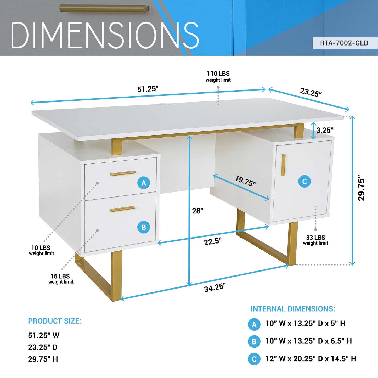 Modern Office Desk, White and Gold