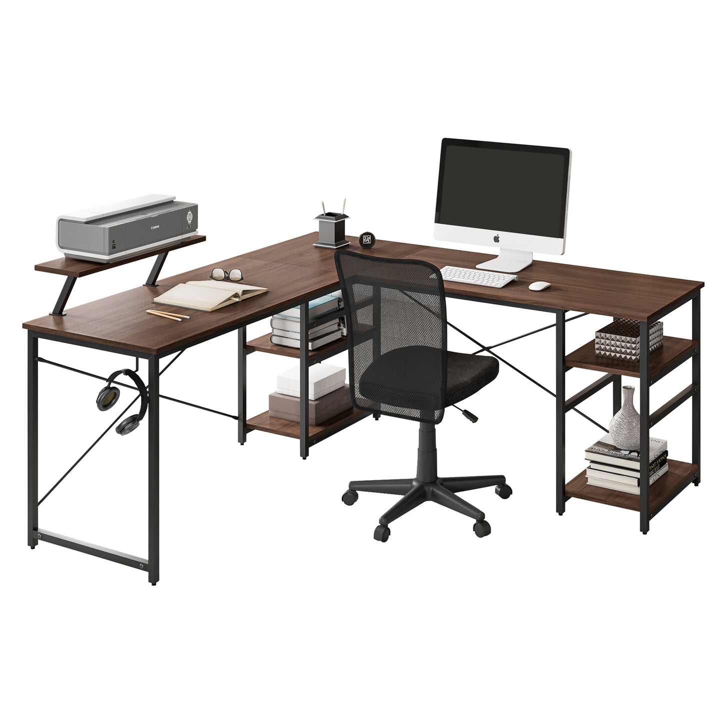 L-Shape Industrial Desk, Walnut