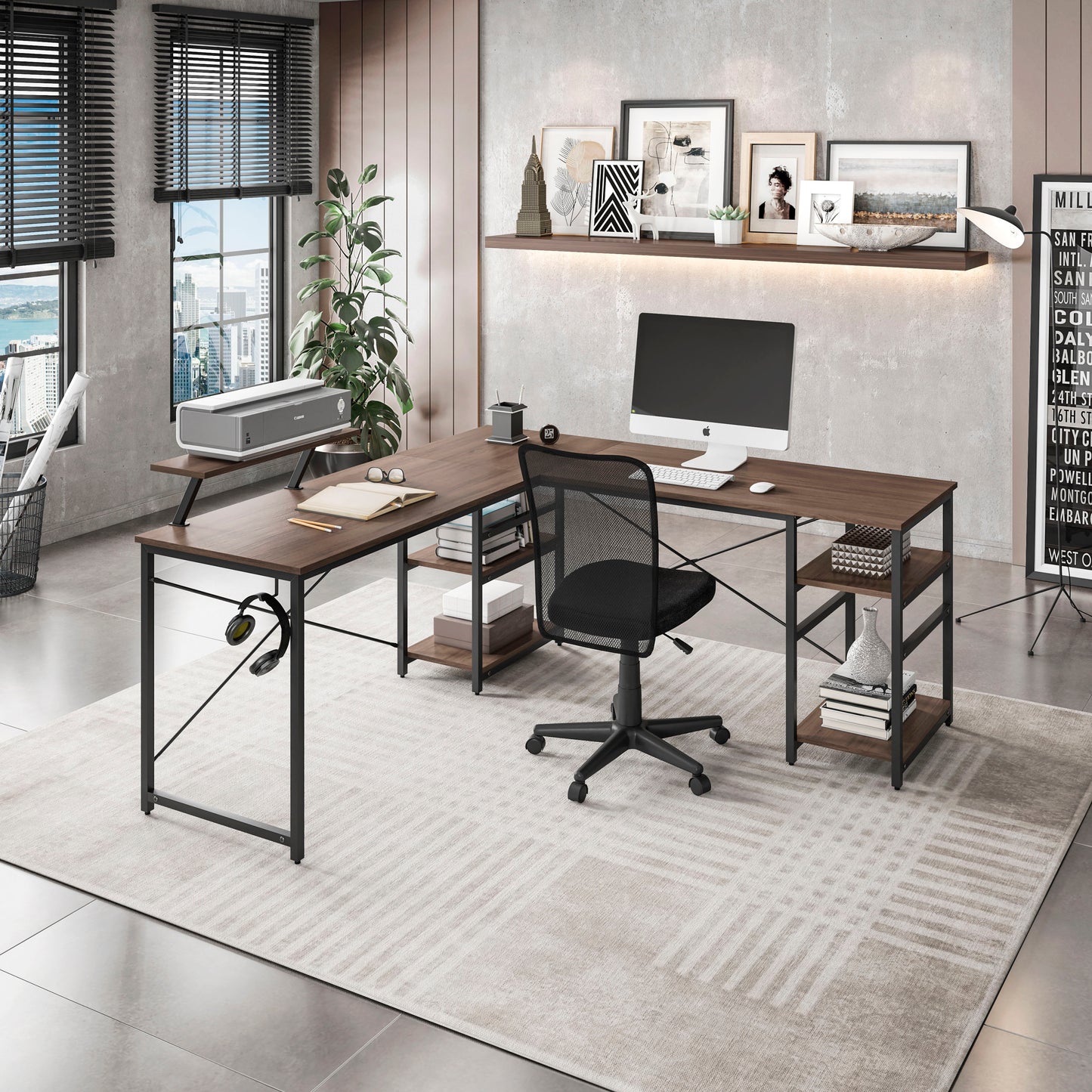 L-Shape Industrial Desk, Walnut