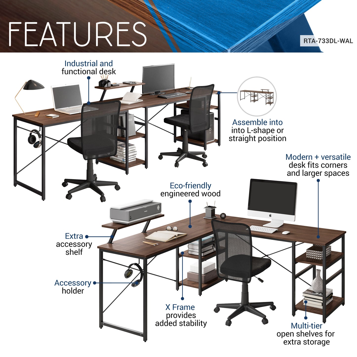 L-Shape Industrial Desk, Walnut