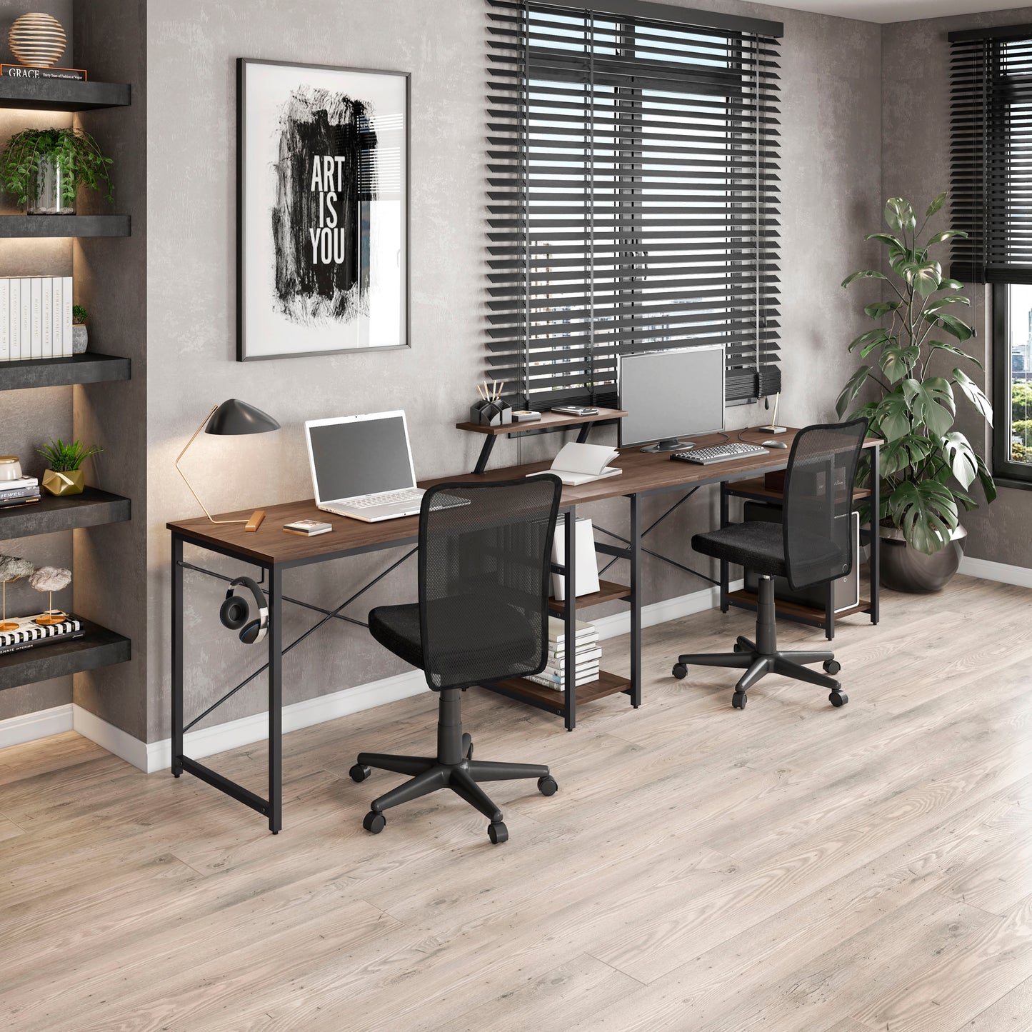 L-Shape Industrial Desk, Walnut