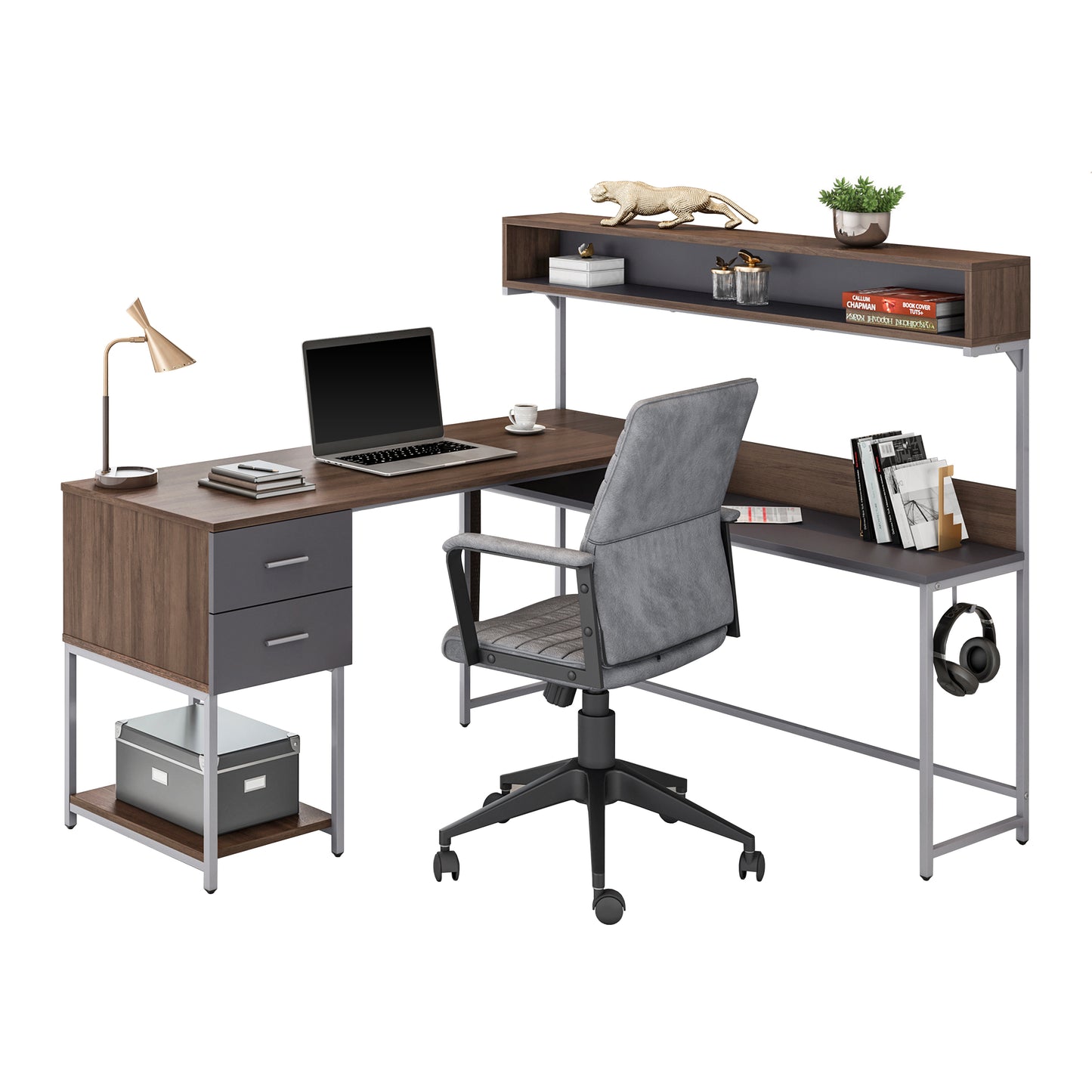 L-Shape Desk with Hutch and Storage, Walnut