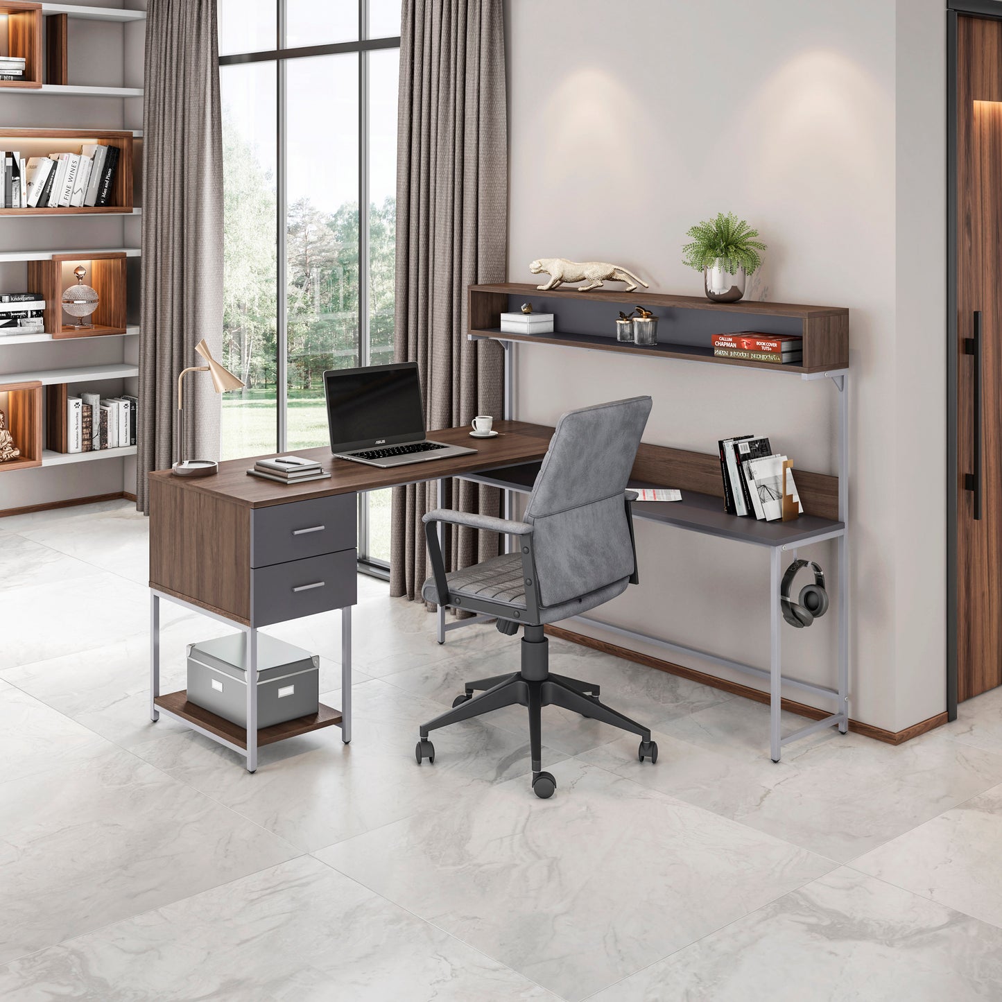 L-Shape Desk with Hutch and Storage, Walnut
