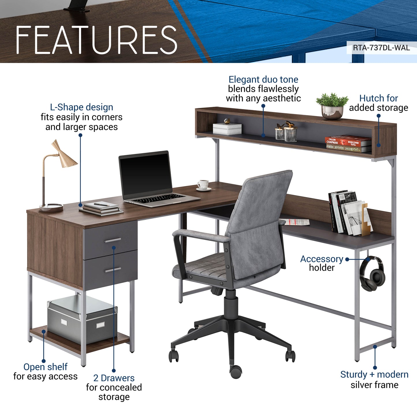 L-Shape Desk with Hutch and Storage, Walnut