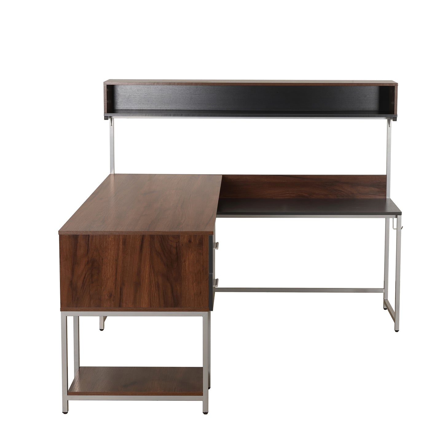 L-Shape Desk with Hutch and Storage, Walnut
