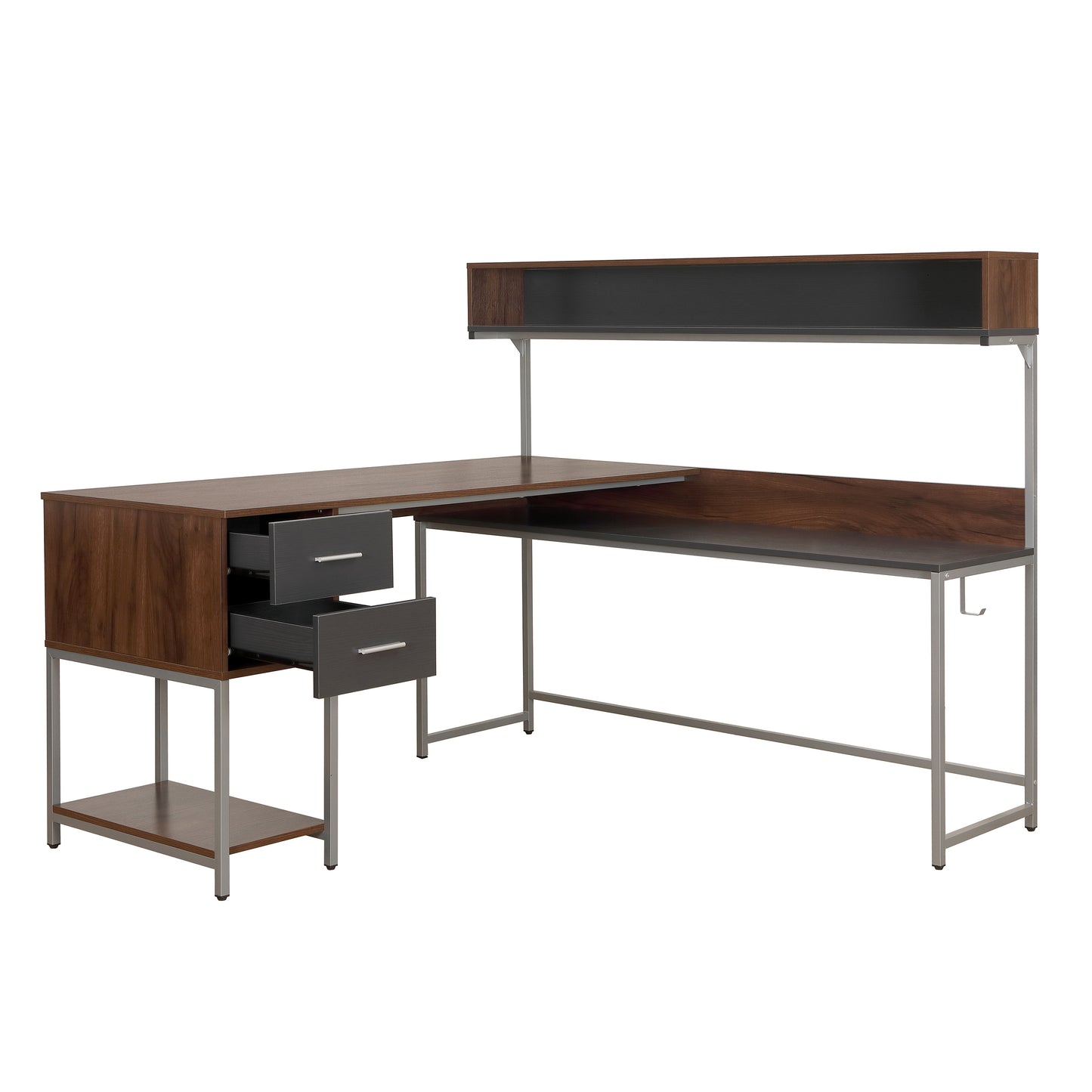 L-Shape Desk with Hutch and Storage, Walnut