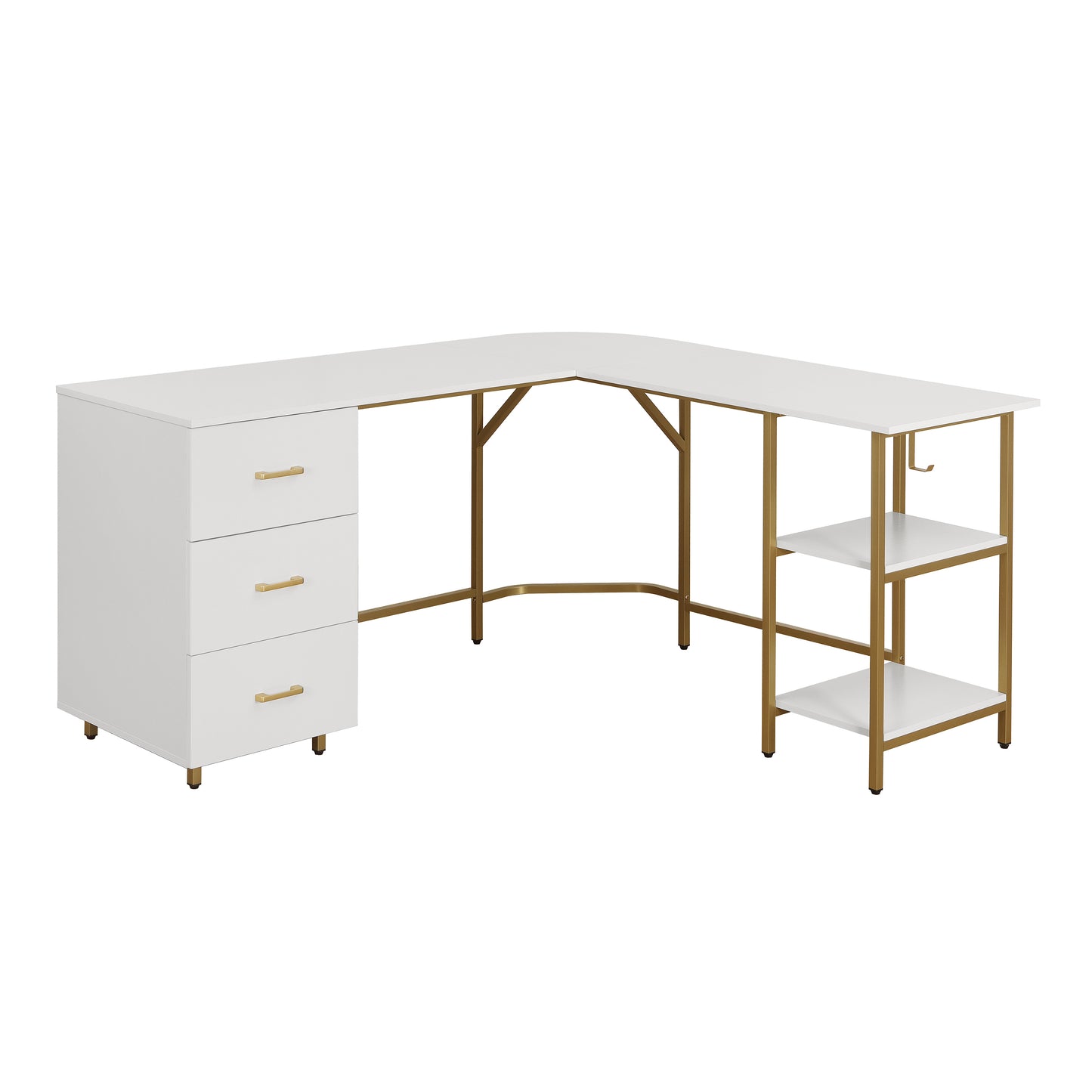 L-Shape Home Office Two-Tone Desk with Storage, Gold