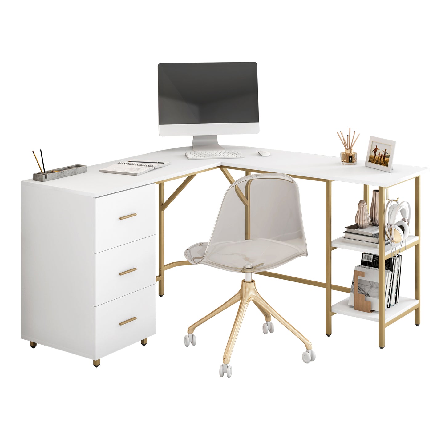 L-Shape Home Office Two-Tone Desk with Storage, Gold
