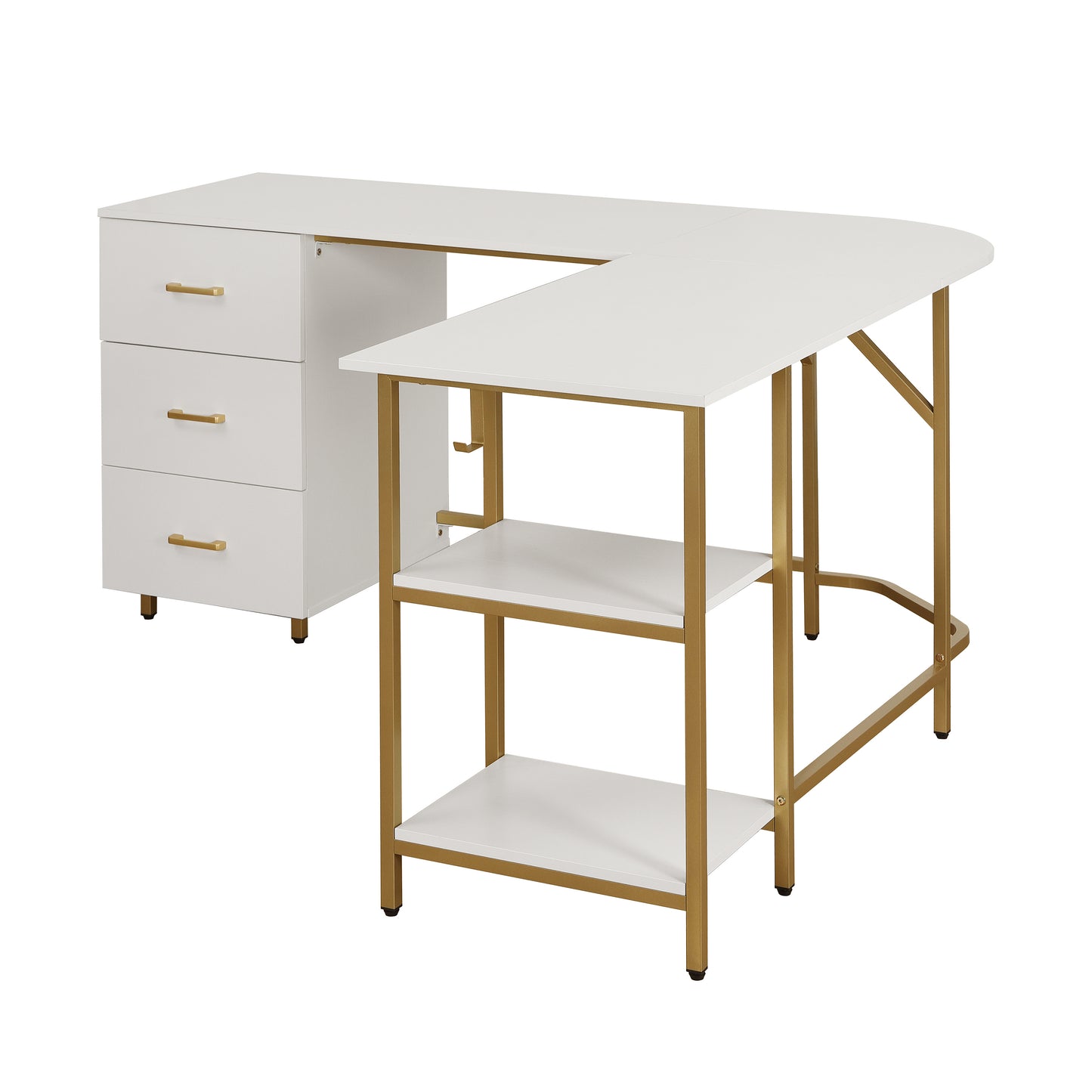 L-Shape Home Office Two-Tone Desk with Storage, Gold