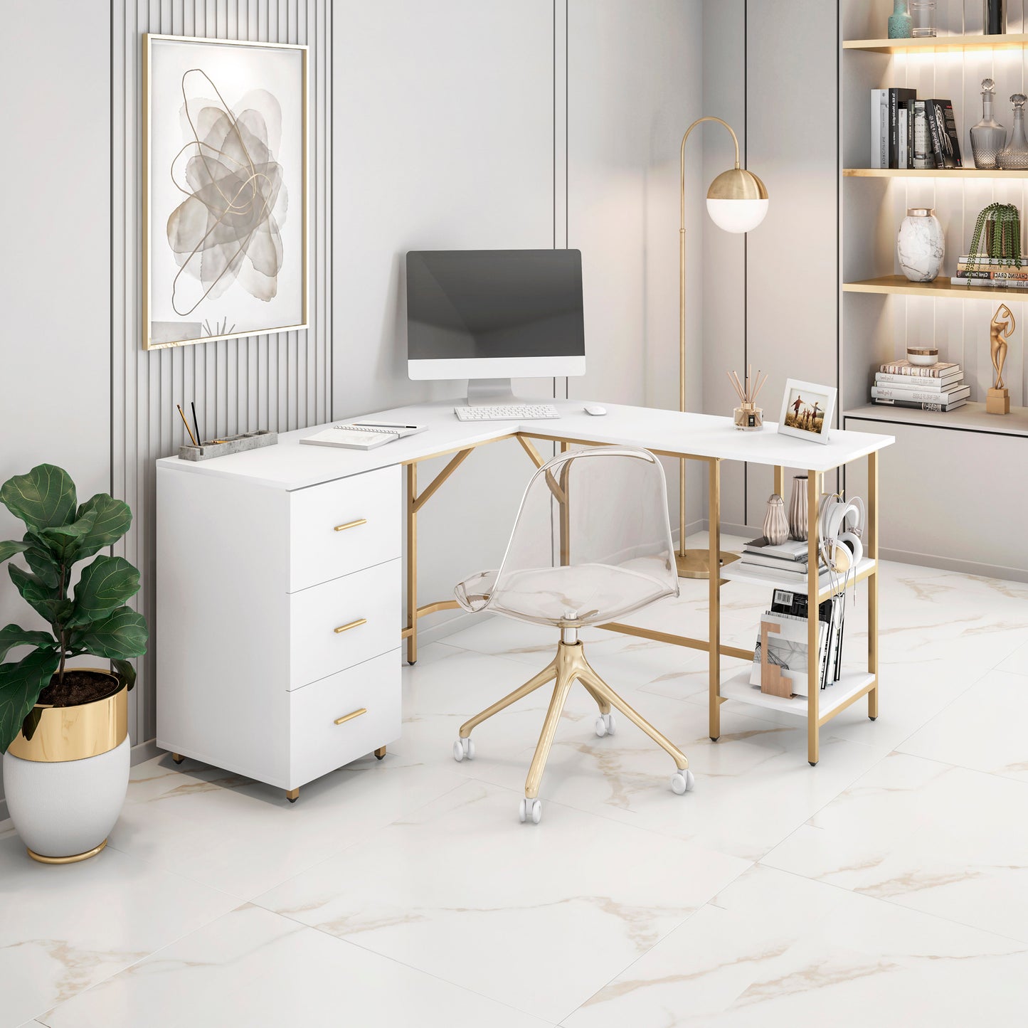 L-Shape Home Office Two-Tone Desk with Storage, Gold