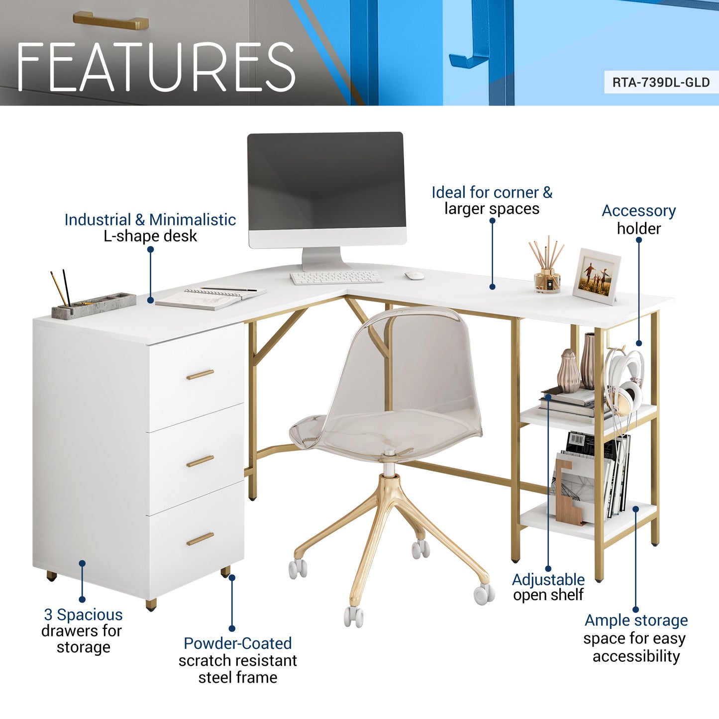 L-Shape Home Office Two-Tone Desk with Storage, Gold