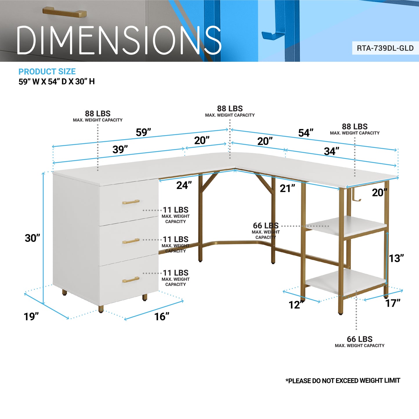 L-Shape Home Office Two-Tone Desk with Storage, Gold