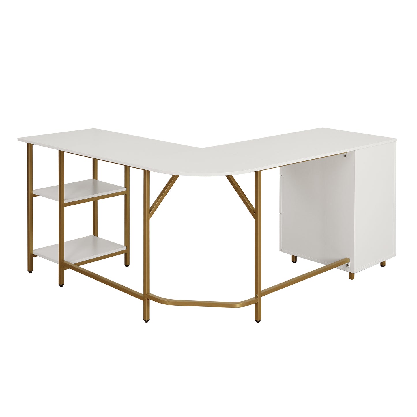 L-Shape Home Office Two-Tone Desk with Storage, Gold