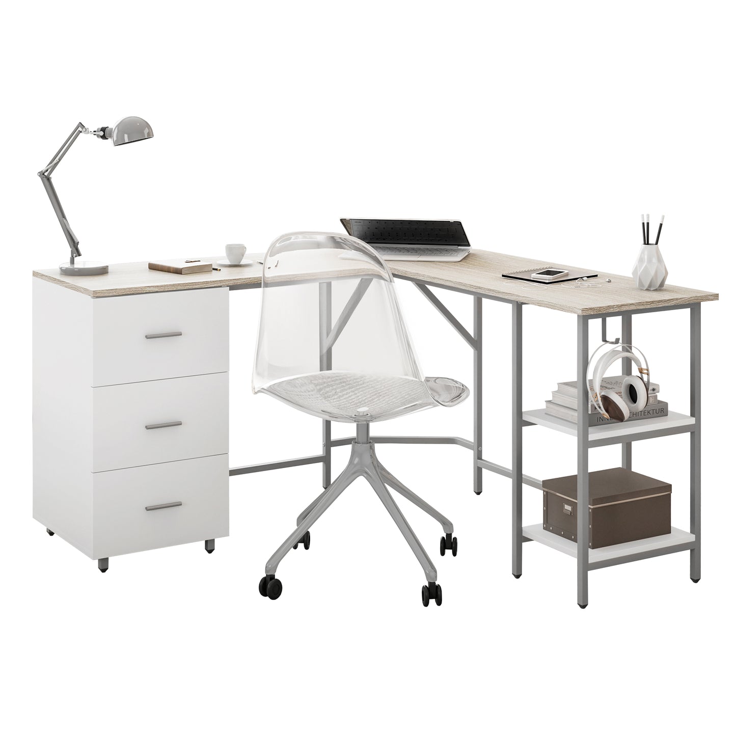 L-Shape Home Office Two-Tone Desk with Storage, Sand