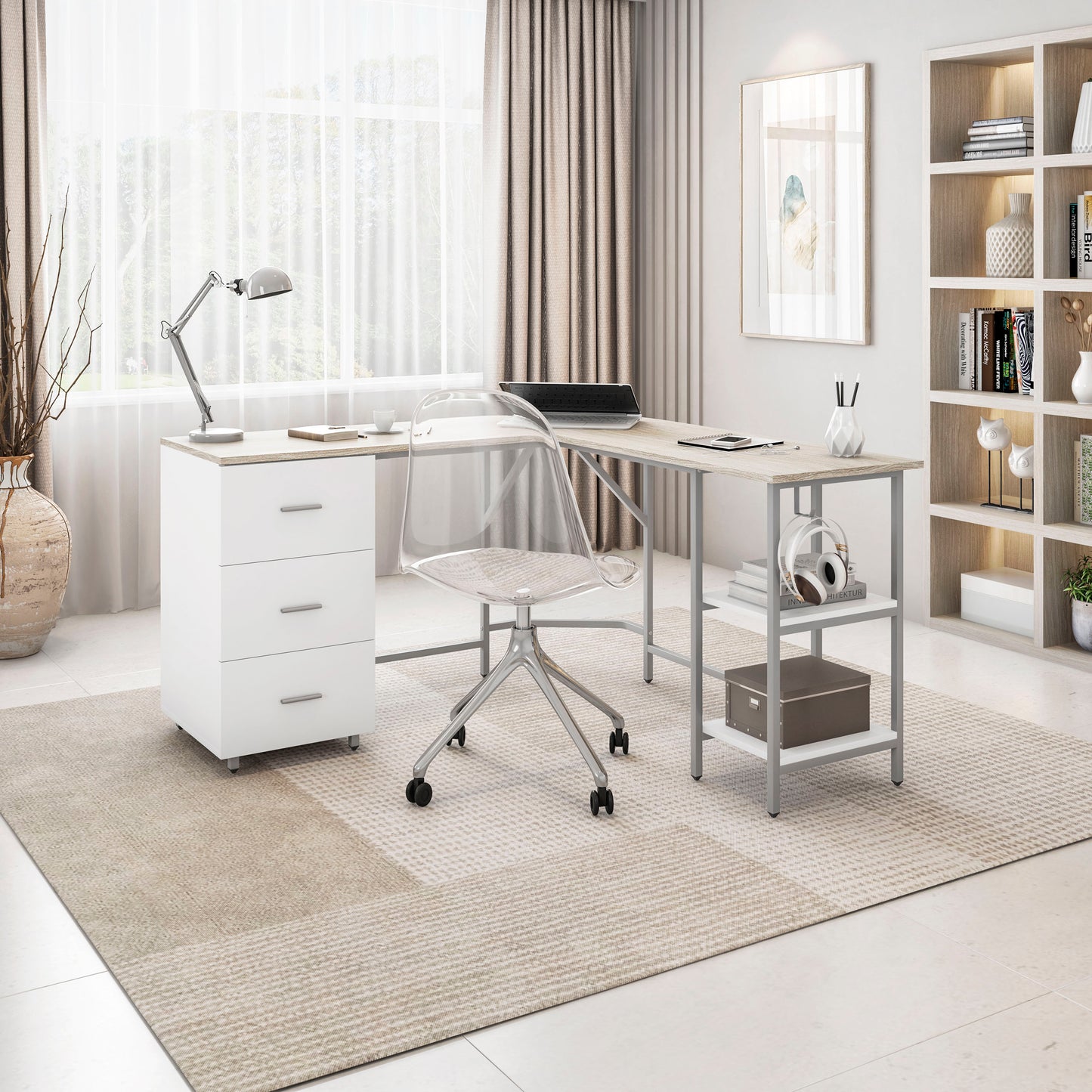 L-Shape Home Office Two-Tone Desk with Storage, Sand