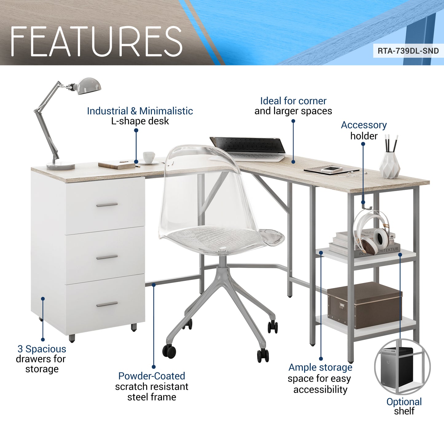 L-Shape Home Office Two-Tone Desk with Storage, Sand