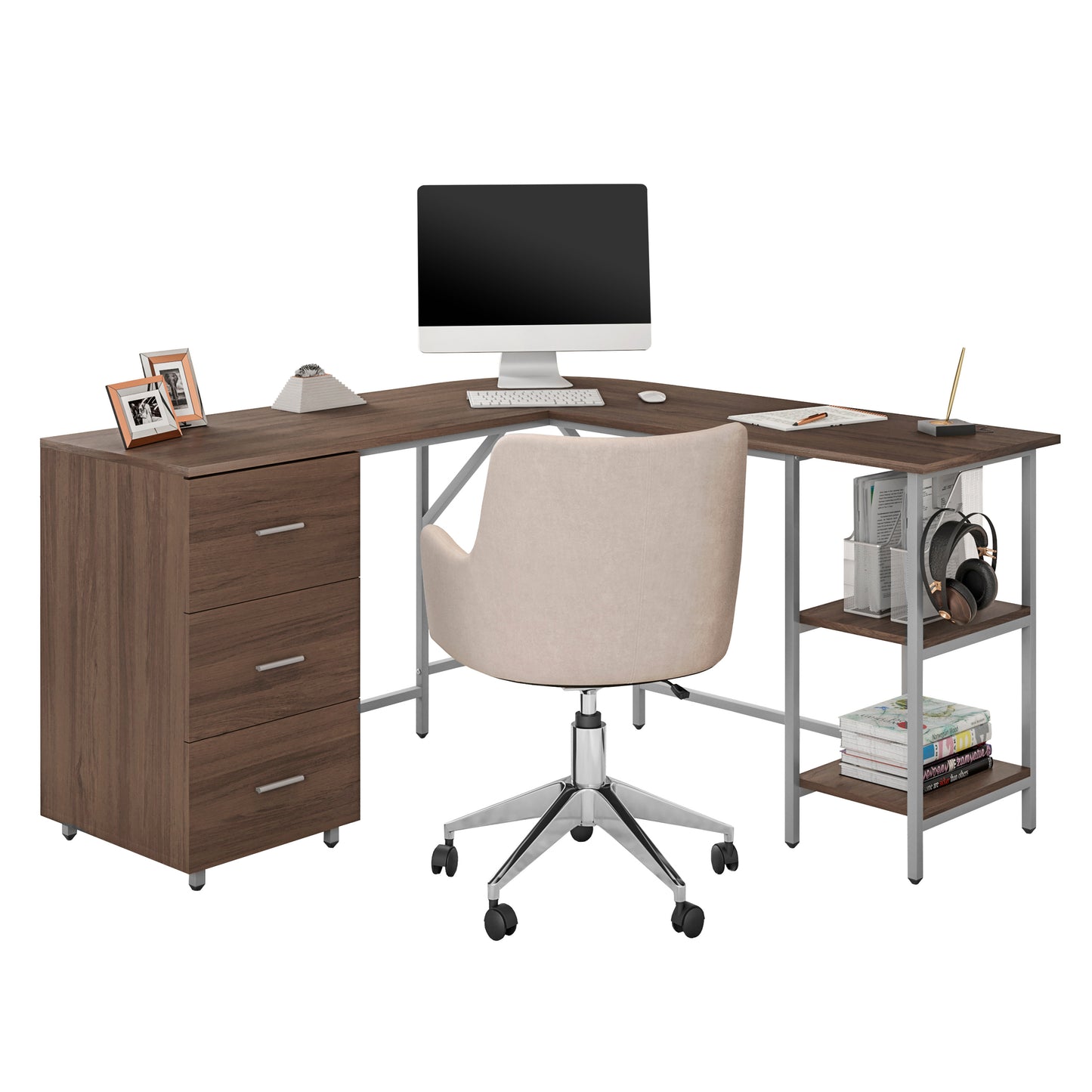 L-Shape Home Office Two-Tone Desk with Storage, Walnut