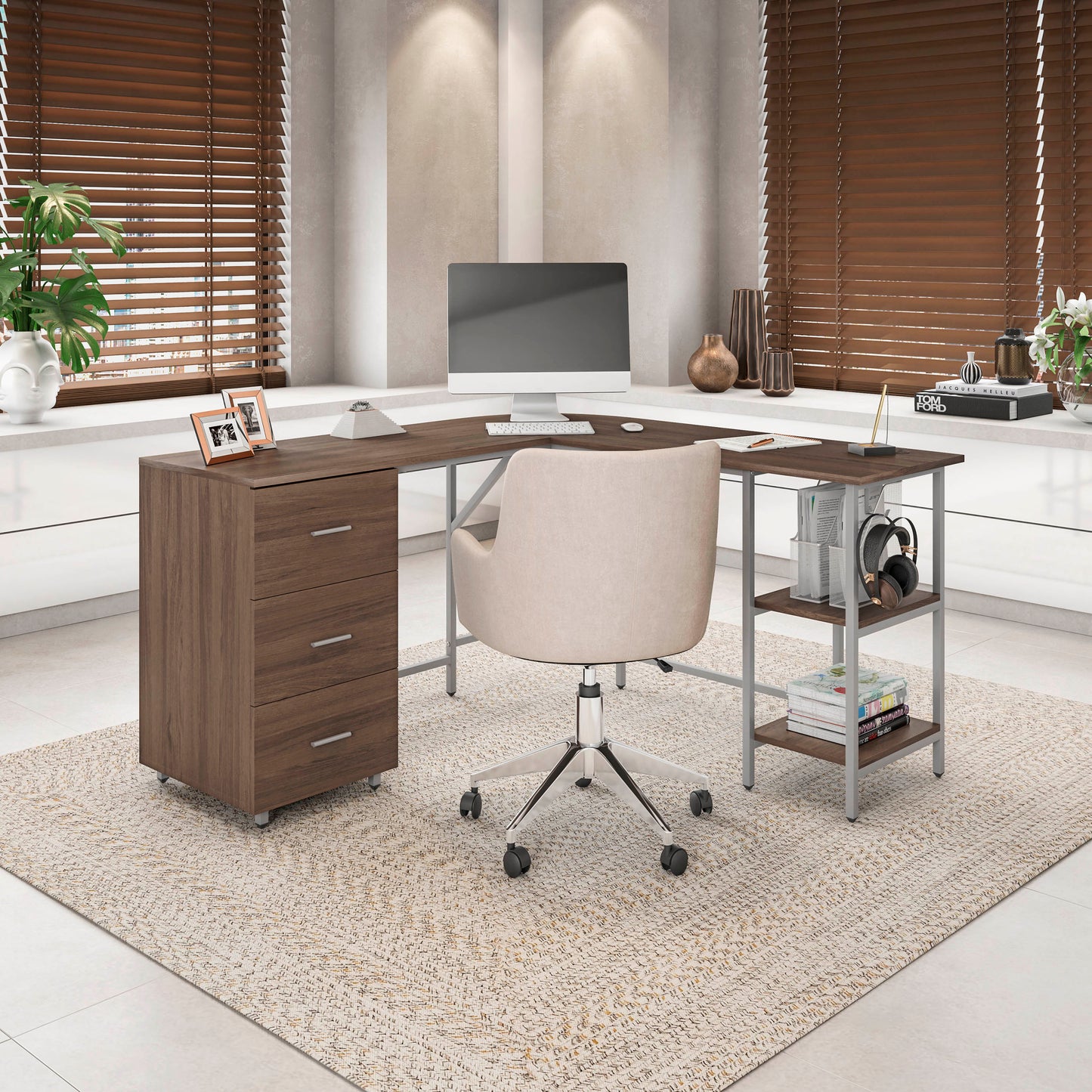 L-Shape Home Office Two-Tone Desk with Storage, Walnut
