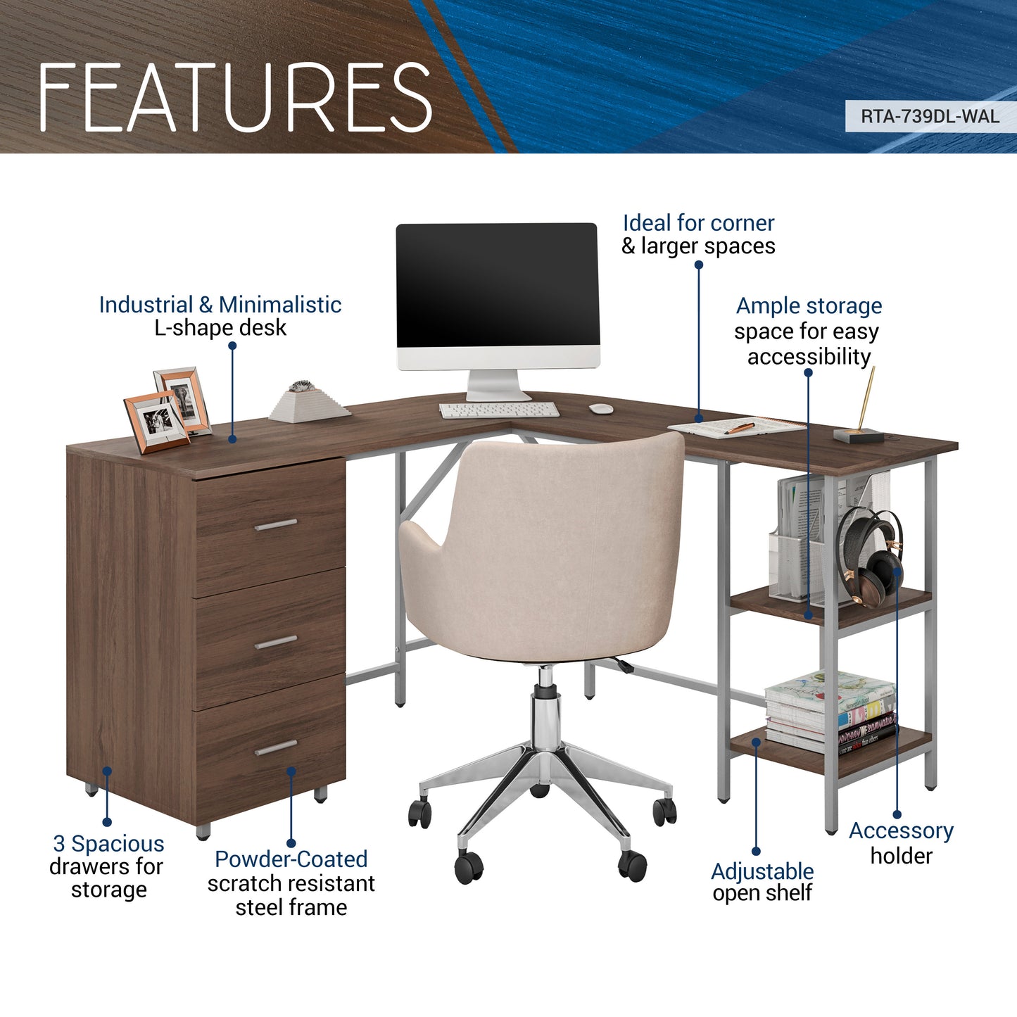 L-Shape Home Office Two-Tone Desk with Storage, Walnut