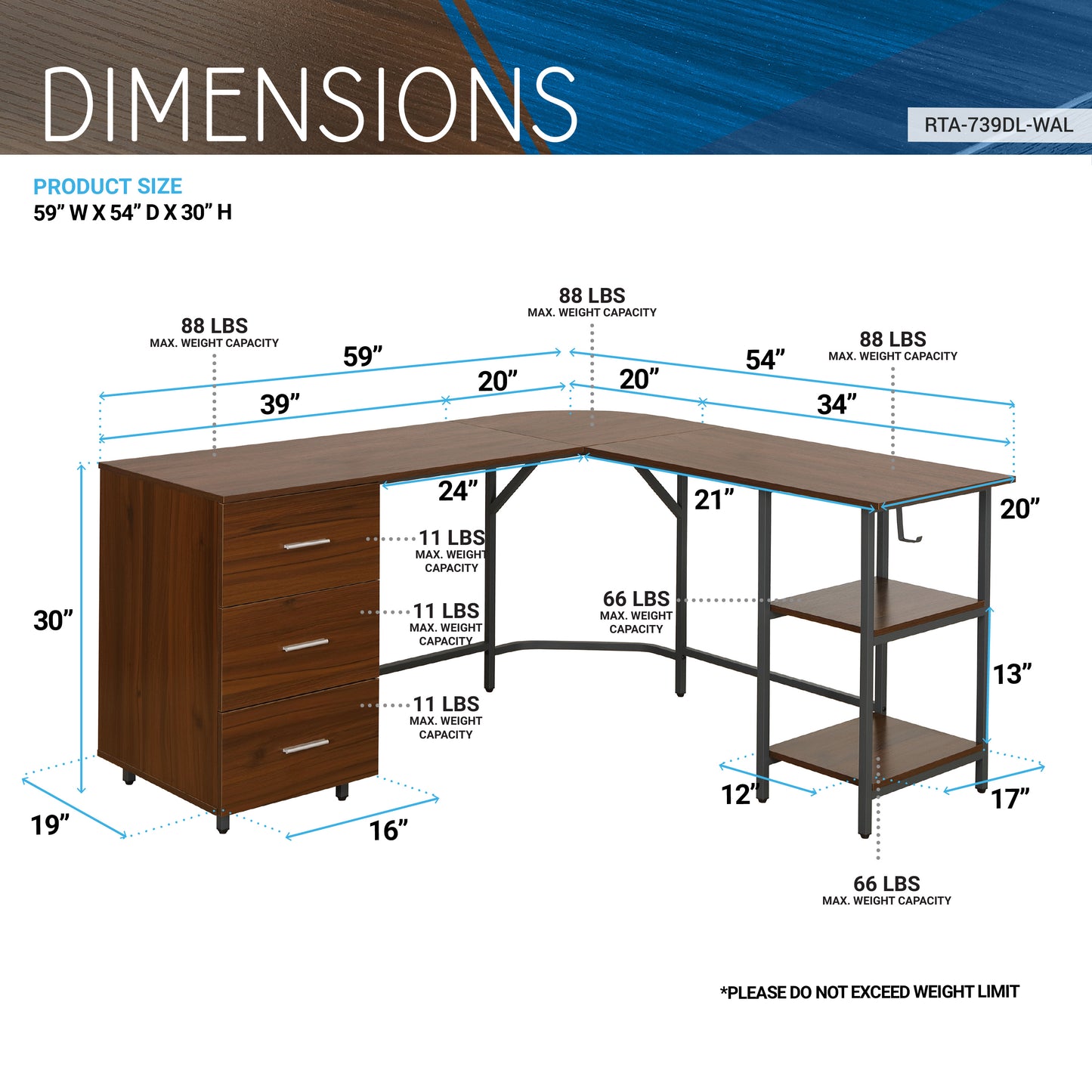 L-Shape Home Office Two-Tone Desk with Storage, Walnut