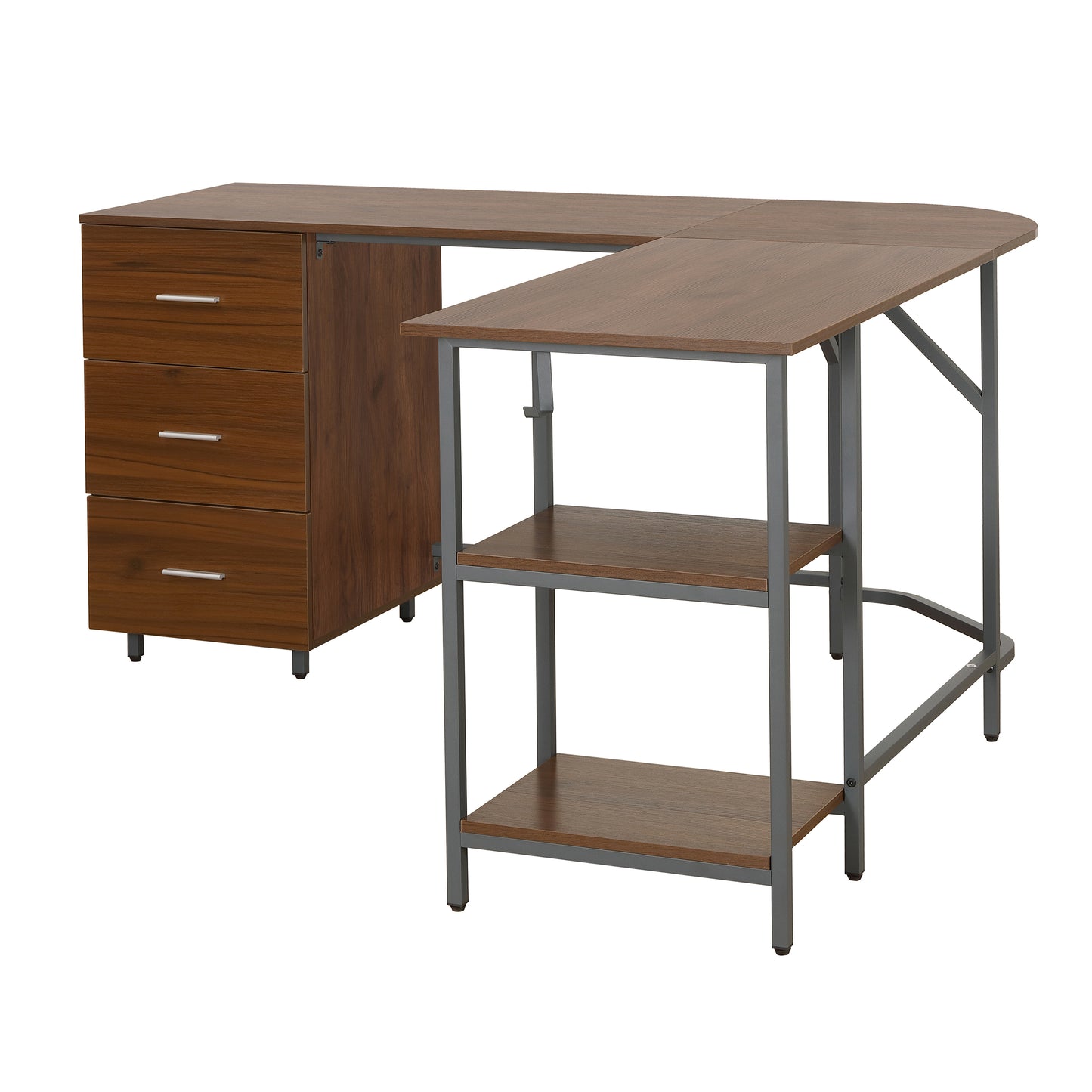 L-Shape Home Office Two-Tone Desk with Storage, Walnut