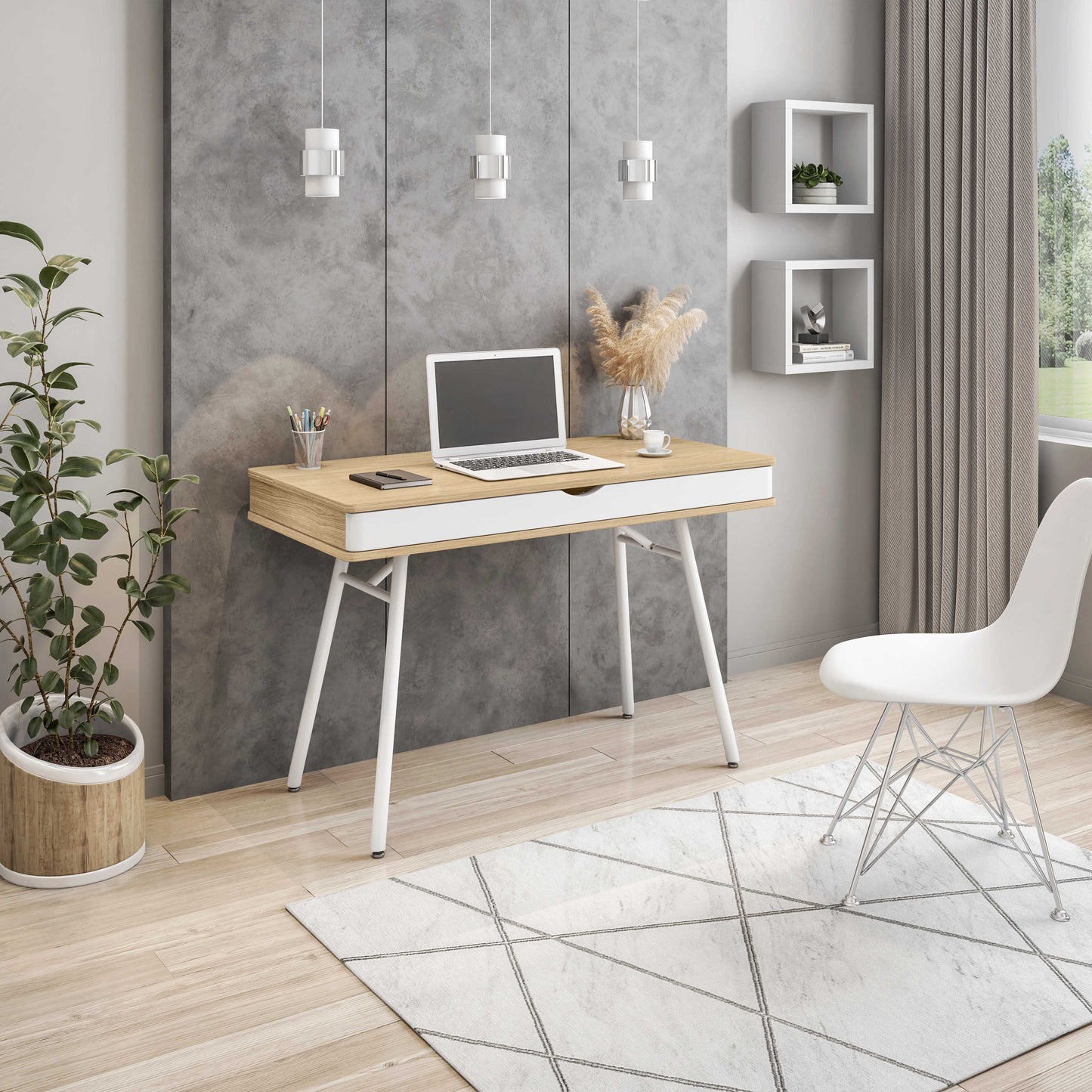 Modern Multi Storage Computer Desk with Storage, Pine