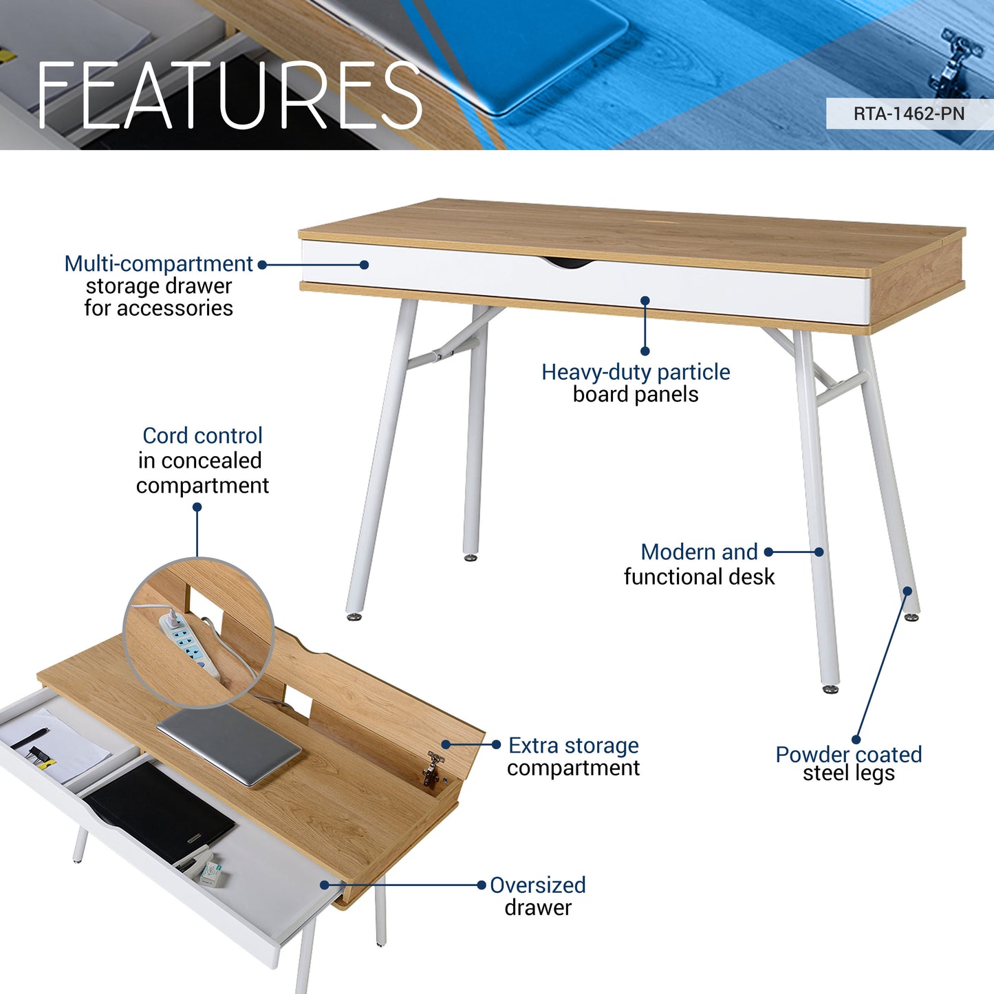 Modern Multi Storage Computer Desk with Storage, Pine