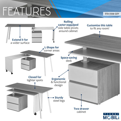 Rotating Multi-Positional Modern Desk, Gray