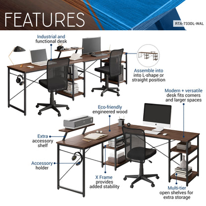 L-Shape Industrial Desk, Walnut