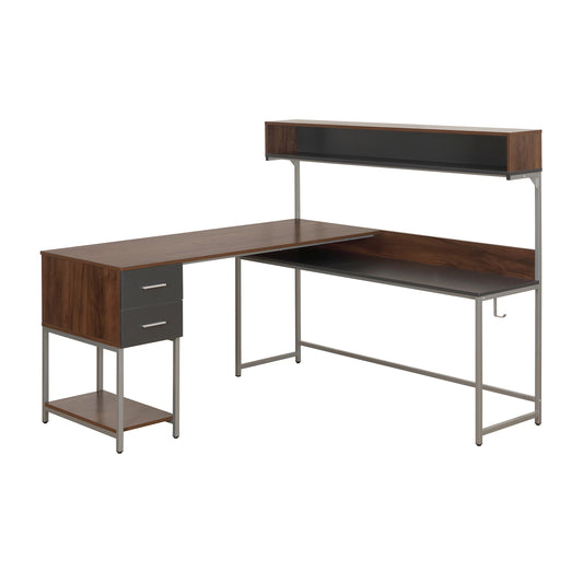 L-Shape Desk with Hutch and Storage, Walnut