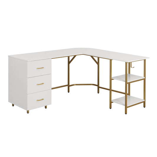 L-Shape Home Office Two-Tone Desk with Storage, Gold