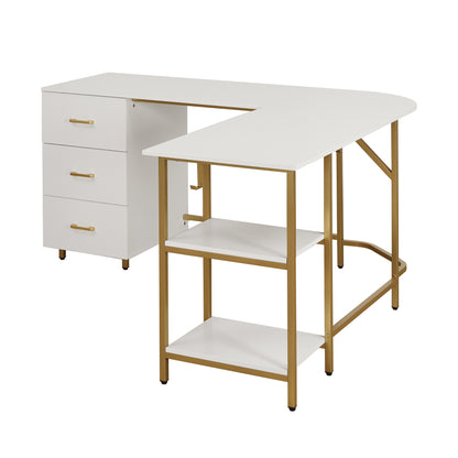 L-Shape Home Office Two-Tone Desk with Storage, Gold