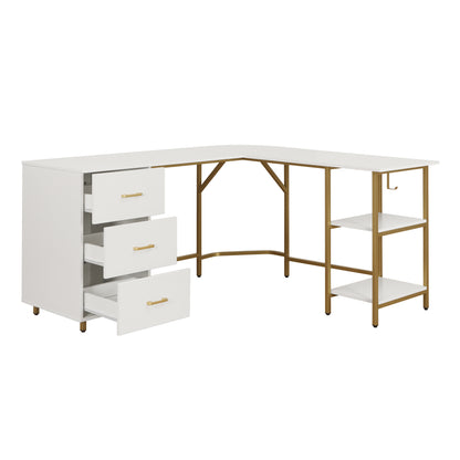 L-Shape Home Office Two-Tone Desk with Storage, Gold