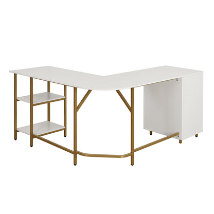 L-Shape Home Office Two-Tone Desk with Storage, Gold