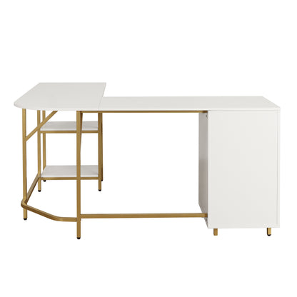 L-Shape Home Office Two-Tone Desk with Storage, Gold