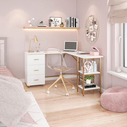 L-Shape Home Office Two-Tone Desk with Storage, Gold